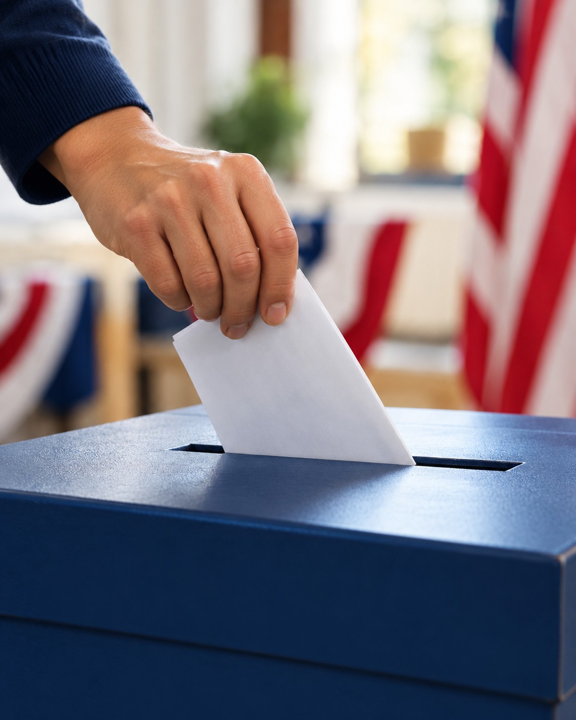 A voter placing a paper ballot into a ballot box